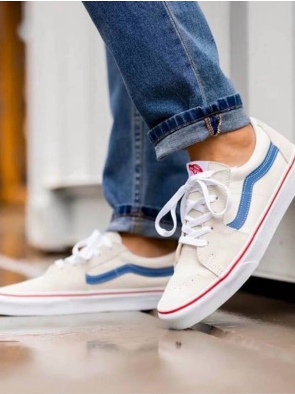 NEW Vans SK8-Low Sneaker Classic White/Navy SUEDE RED WHITE BLUE SZ W 7, M 5.5